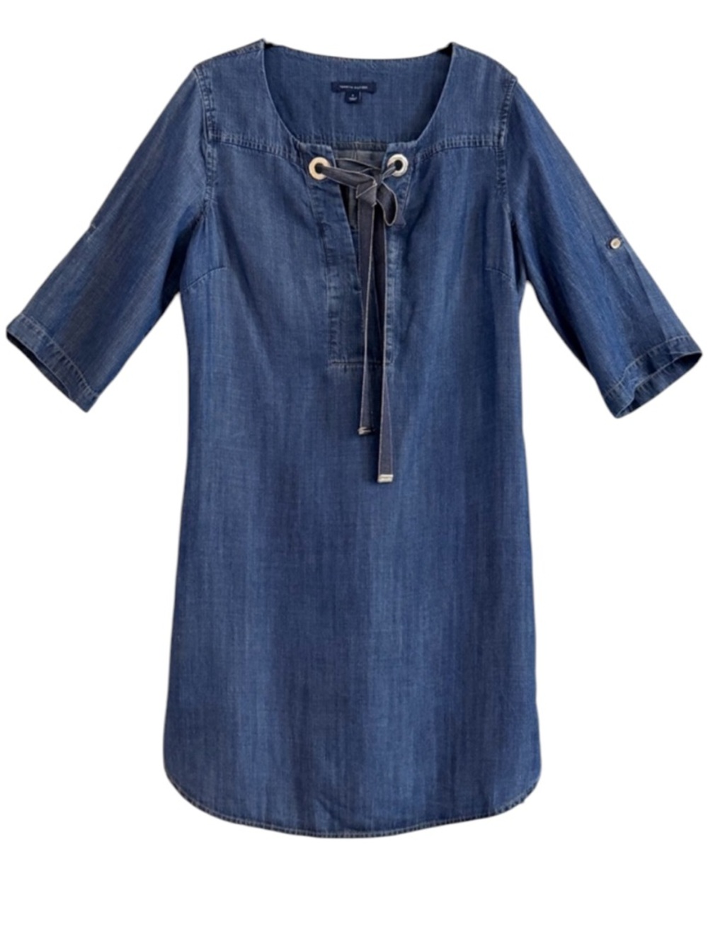 Tommy Hilfiger Denim Lace Up Shift Dress Roll Tab Sleeve Blue Size 6
